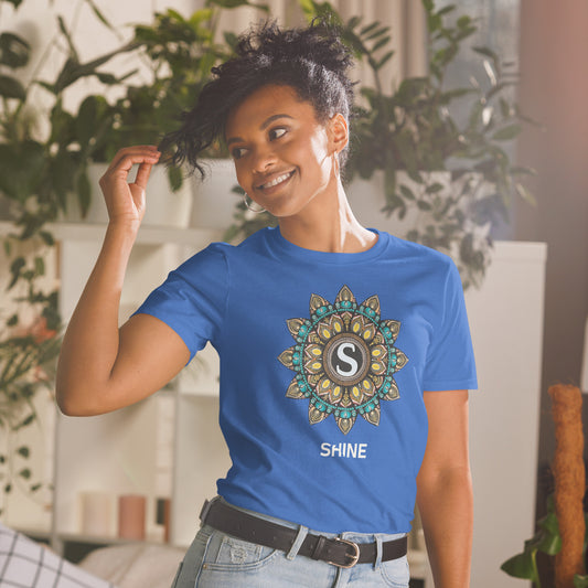 Unisex Softstyle T-Shirt (mandala with S in core | on front | SHINE in white lettering)