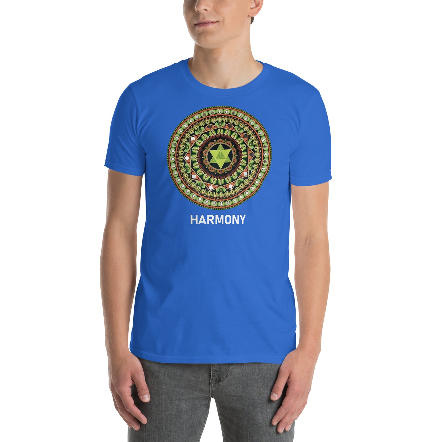 Unisex Softstyle T-Shirt (mandala with green star | on front | HARMONY in white lettering)