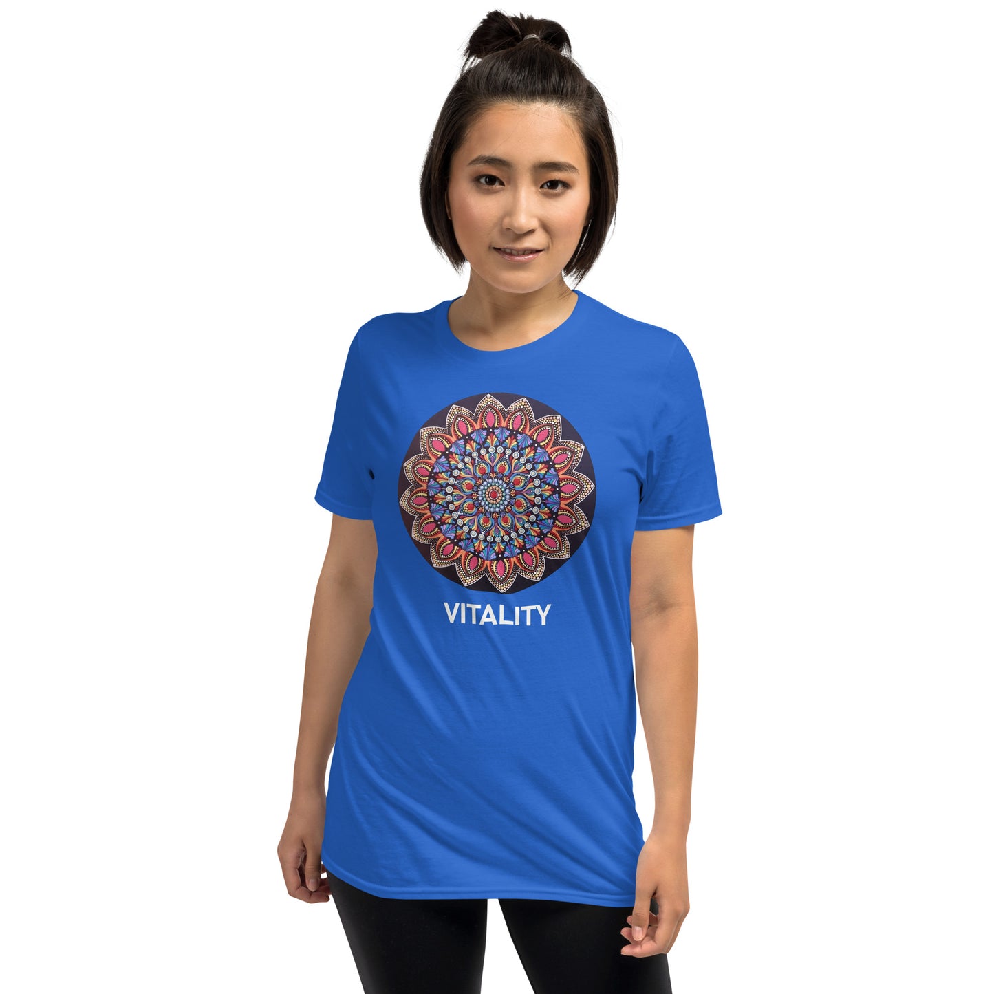 Unisex Softstyle T-Shirt (mandala with pink petals | on front | VITALITY in white lettering)