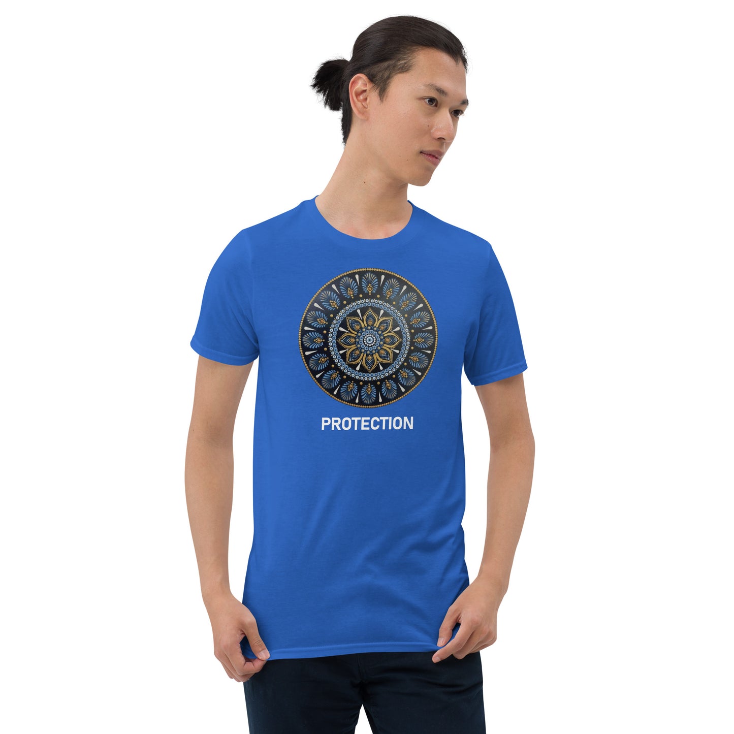 Unisex Softstyle T-Shirt (mandala with gold outer rim | on front | PROTECTION in white lettering)