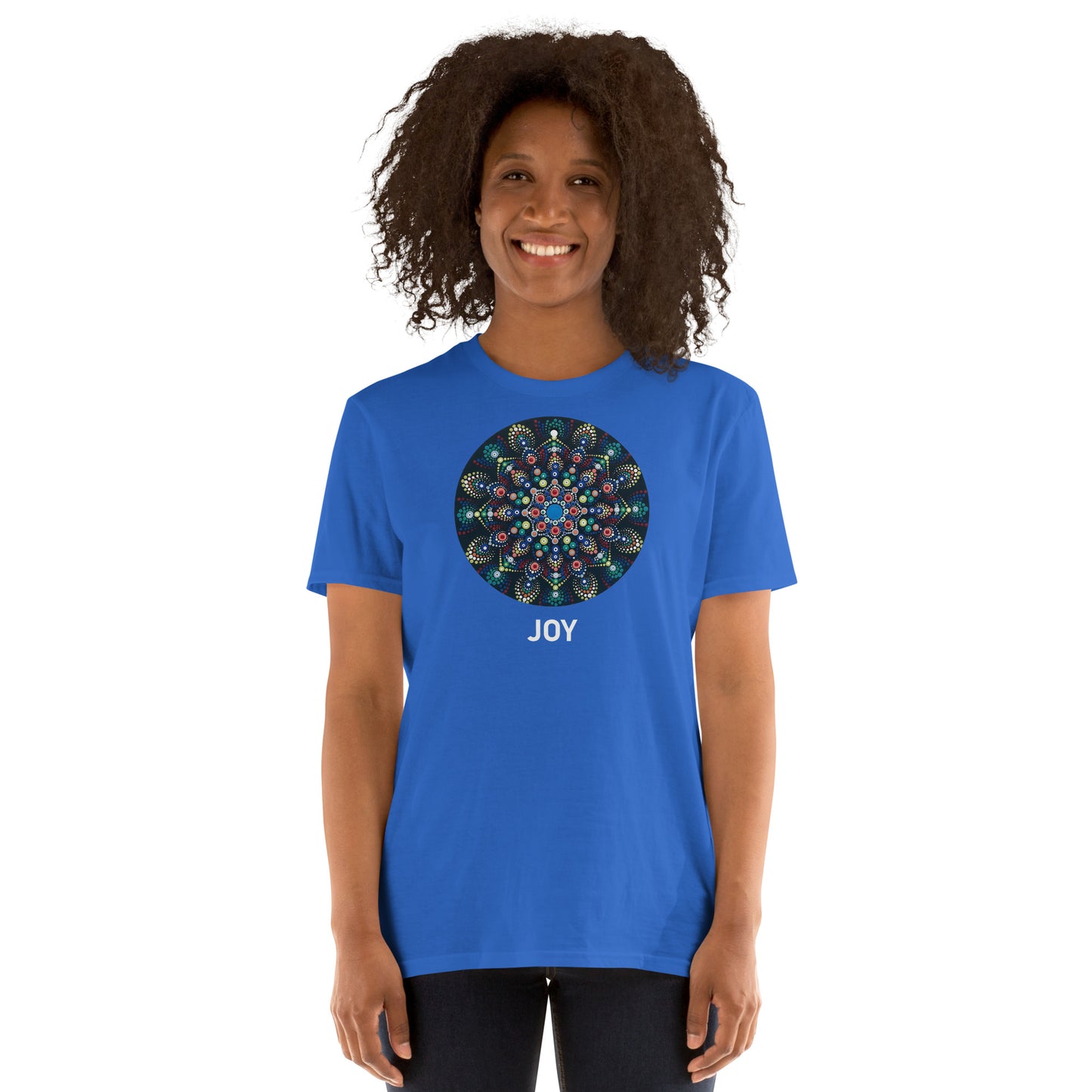 Unisex Softstyle T-Shirt (mandala with colorful dots | on front | JOY in white lettering)