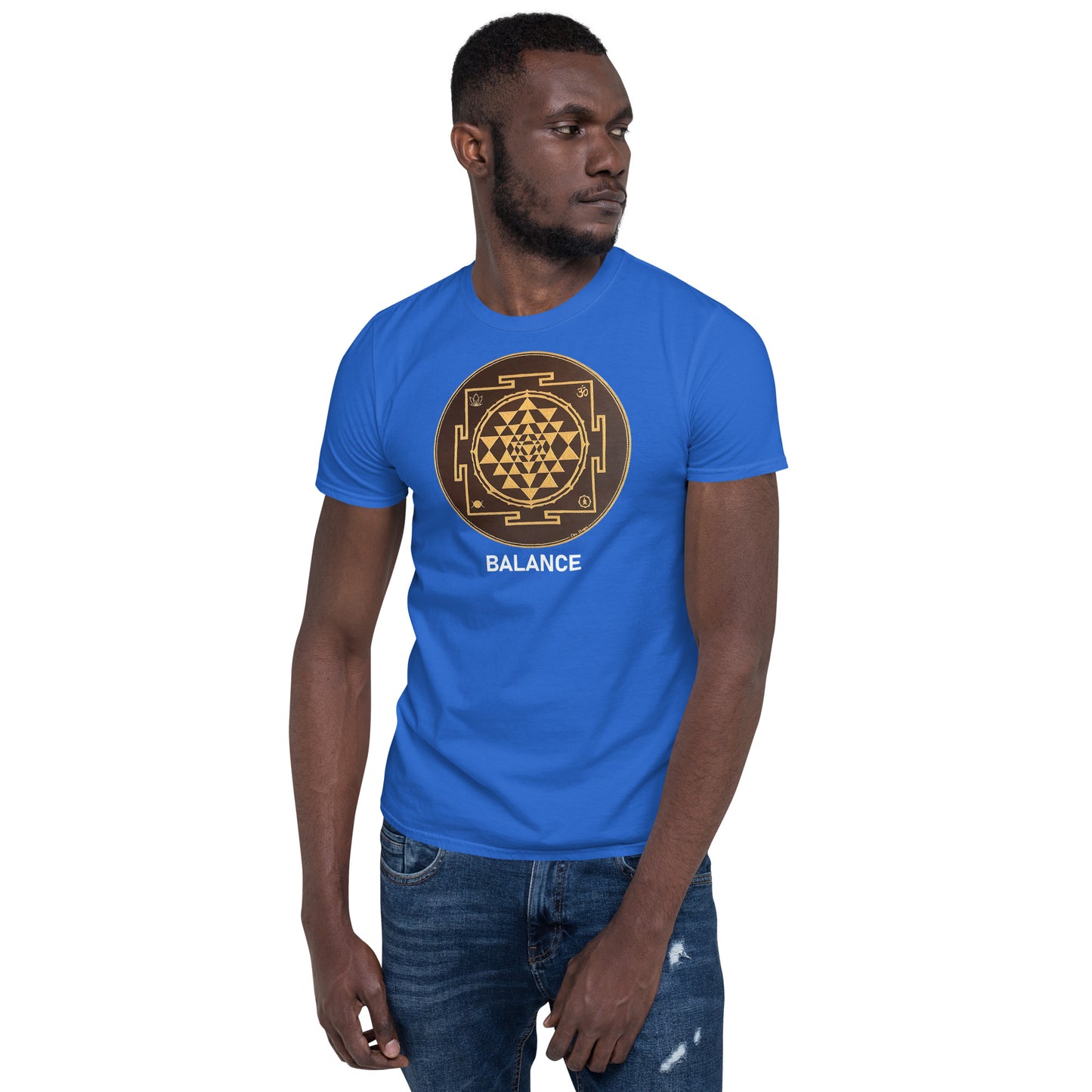 Unisex Softstyle T-Shirt (brown and gold mandala | on front | BALANCE in white lettering)