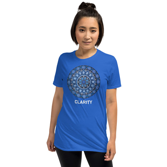 Unisex Softstyle T-Shirt (all blue mandala | on front | CLARITY in white lettering)
