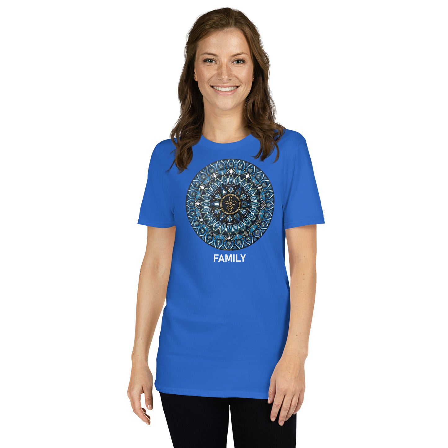 Unisex Softstyle T-Shirt (mandala with 3 loops in core | on front | FAMILY in white lettering)