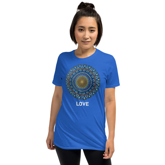 Unisex Softstyle T-Shirt (mandala with golden core | on front | LOVE in white lettering)