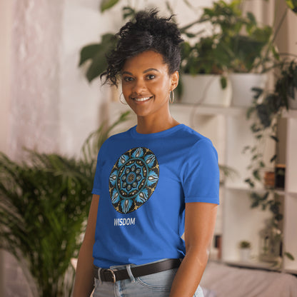 Unisex Softstyle T-Shirt (mandala with spokes in core on front | WISDOM in white lettering)