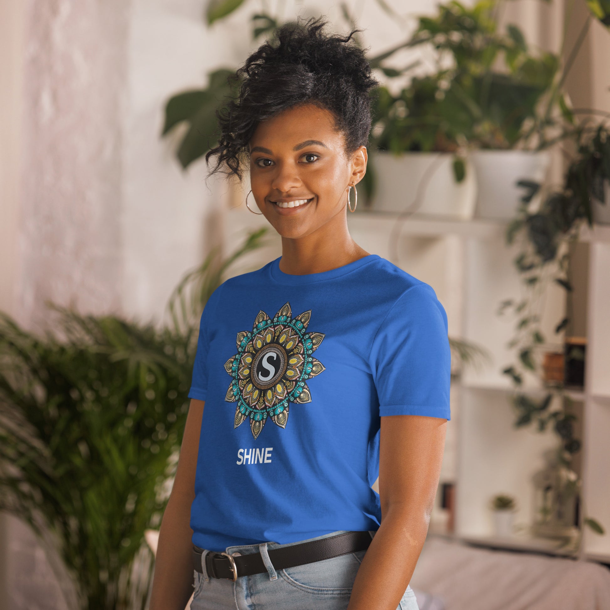 Unisex Softstyle T-Shirt (mandala with S in core | on front | SHINE in white lettering)