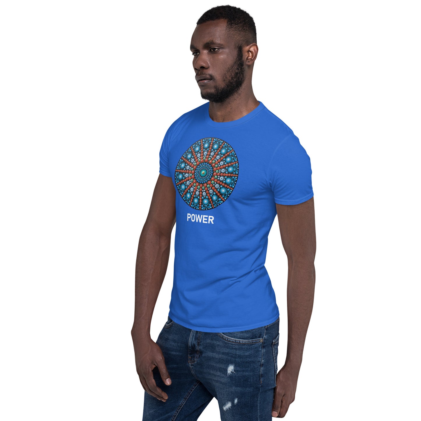 Unisex Softstyle T-Shirt (mandala with red lines | on front | POWER in white lettering)