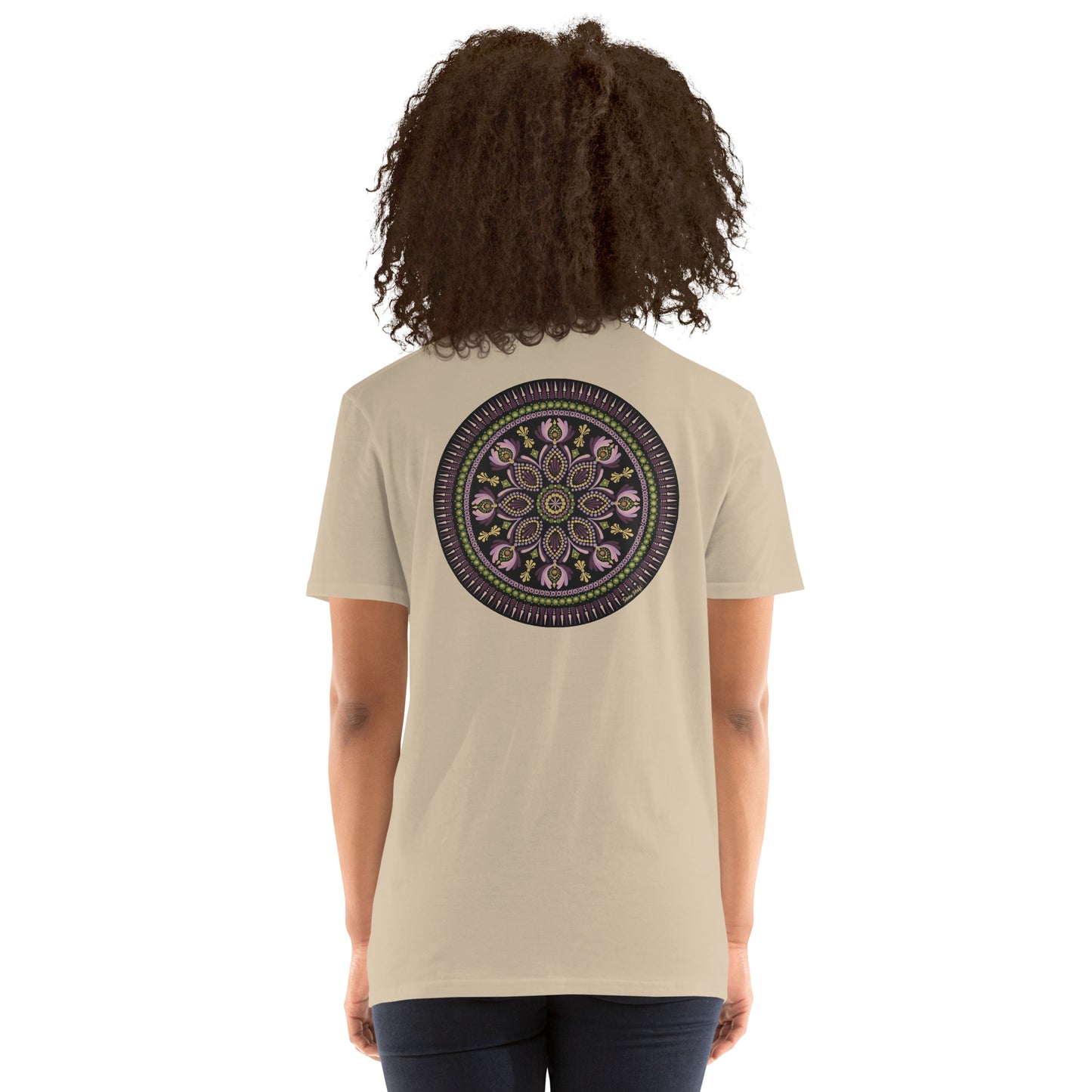 Unisex Softstyle T-Shirt (mandala with magenta rim on back | KINDNESS in black lettering on front)