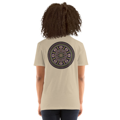 Unisex Softstyle T-Shirt (mandala with magenta rim on back | KINDNESS in black lettering on front)