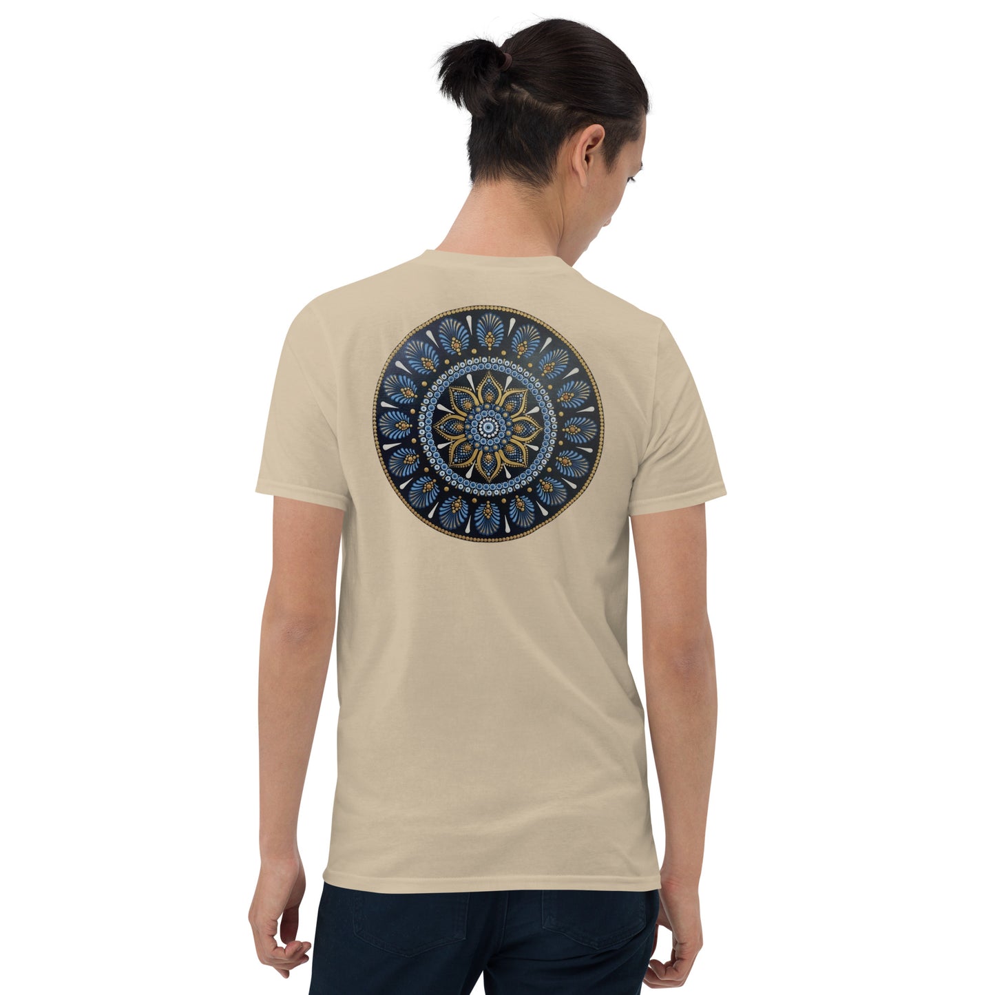 Unisex Softstyle T-Shirt (mandala with gold rim on back | PROTECTION in black lettering on front)