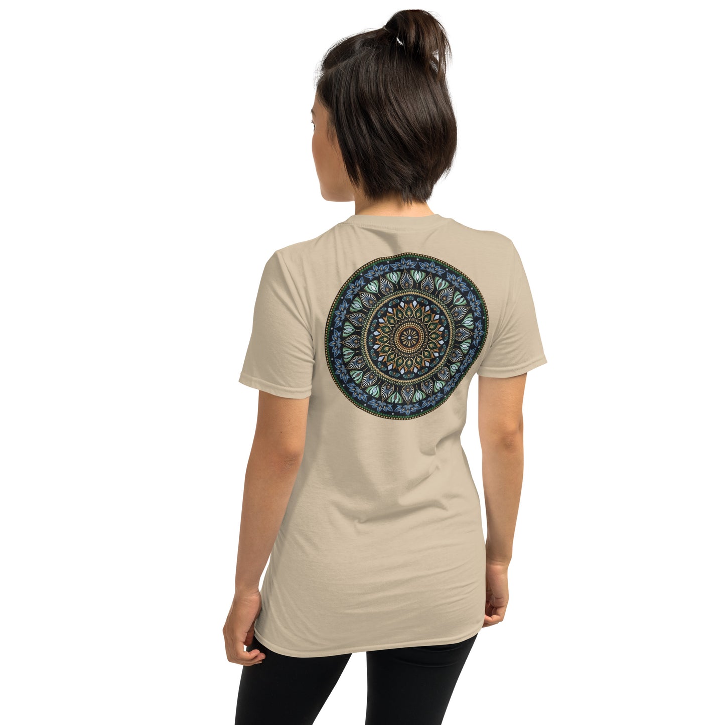 Unisex Softstyle T-Shirt (mandala green and gold rim on back | GRATITUDE in black lettering on front)