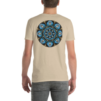 Unisex Softstyle T-Shirt (mandala with spokes in core on back | WISDOM in black lettering on front)