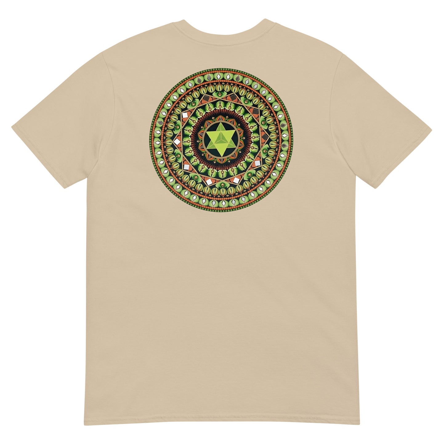 Unisex Softstyle T-Shirt (mandala with green star on back | HARMONY in black lettering on front)
