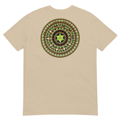 Unisex Softstyle T-Shirt (mandala with green star on back | HARMONY in black lettering on front)