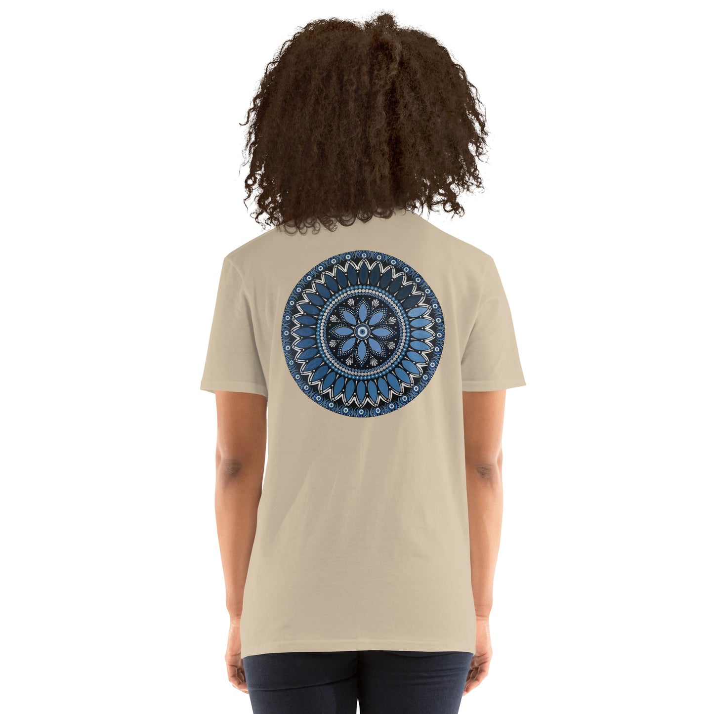 Unisex Softstyle T-Shirt (mandala with blue and white core on back | SERENITY in black lettering on front)