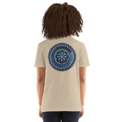 Unisex Softstyle T-Shirt (mandala with blue and white core on back | SERENITY in black lettering on front)