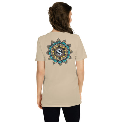 Unisex Softstyle T-Shirt (mandala with "S" in core on back | SHINE in black lettering on front)