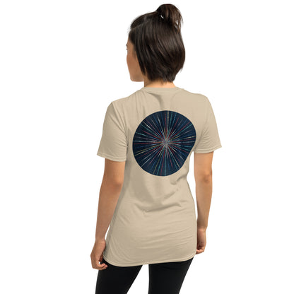 Unisex Softstyle T-Shirt (mandala with streams of light on back | EXPANSION in black lettering on front)