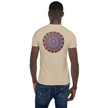 Unisex Softstyle T-Shirt (mandala with pink petals on back | VITALITY in black lettering on front)