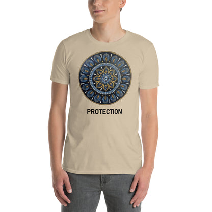 Unisex Softstyle T-Shirt (mandala with gold rim on front | PROTECTION in black lettering)