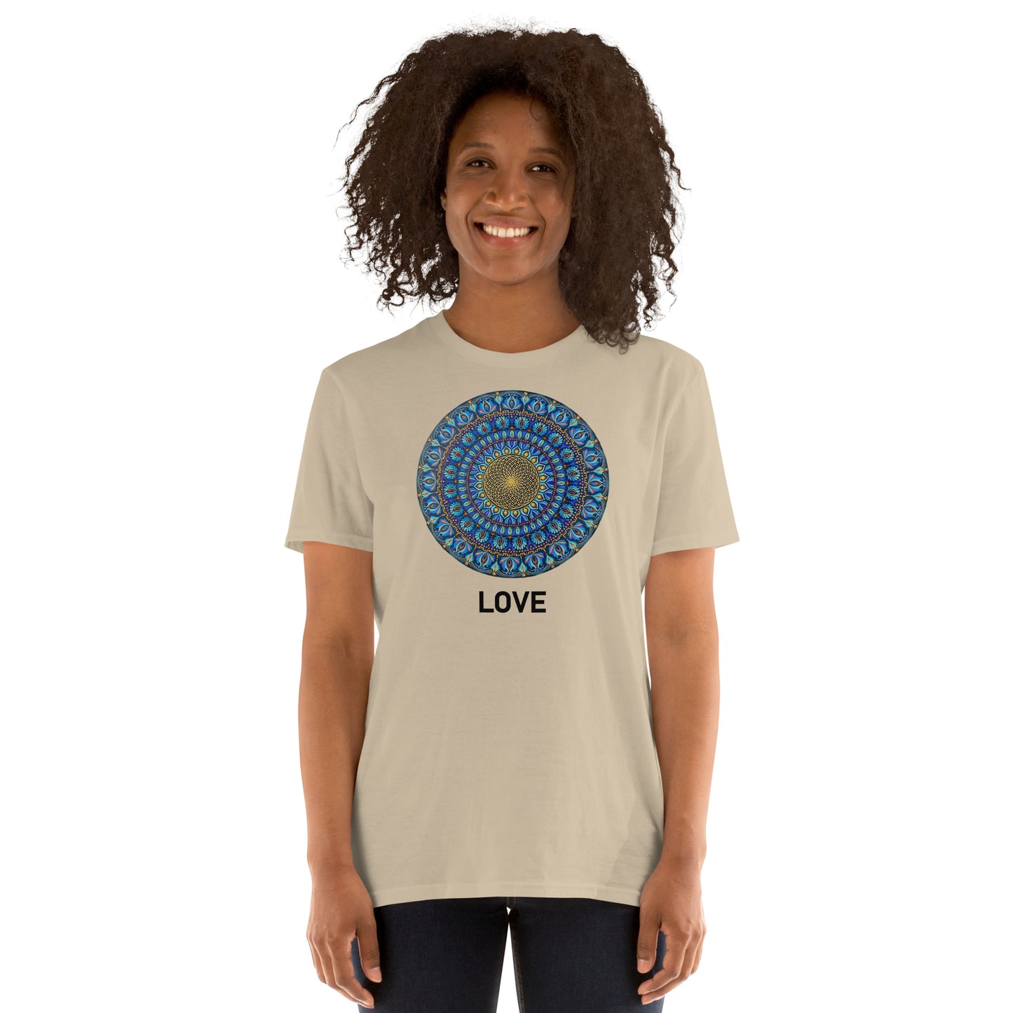 Unisex Softstyle T-Shirt (mandala with golden core | on front | LOVE in black lettering)