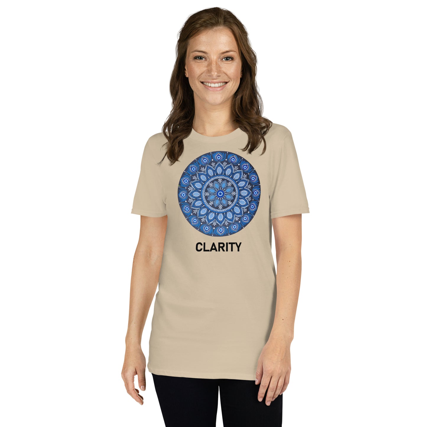 Unisex Softstyle T-Shirt (all blue mandala | on front | CLARITY in black lettering)