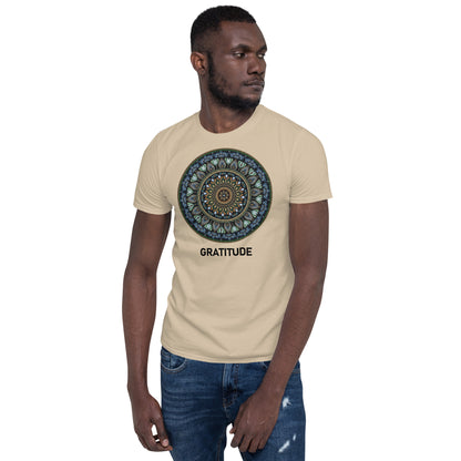Unisex Softstyle T-Shirt (mandala green and gold rim | on front | GRATITUDE in black lettering)