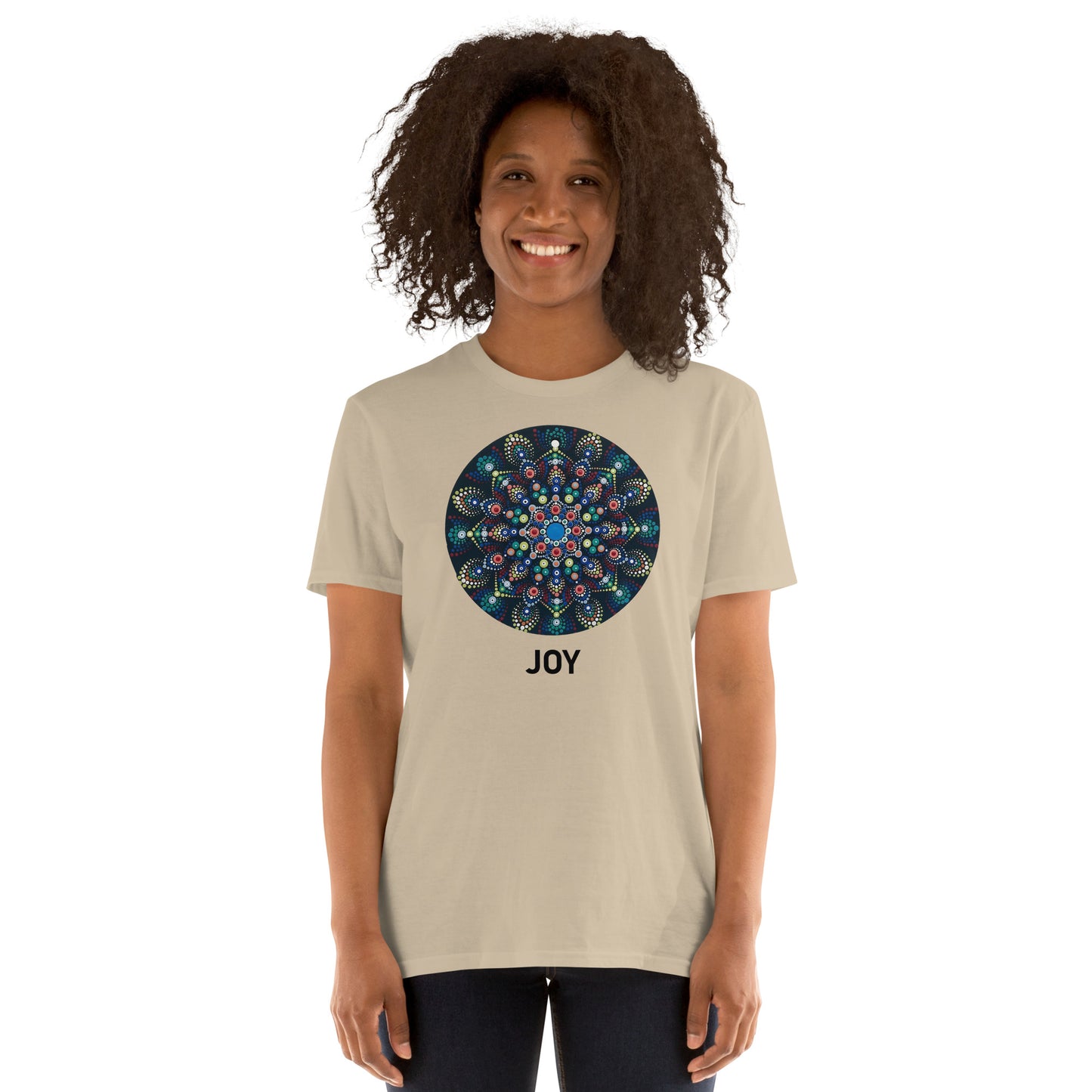 Unisex Softstyle T-Shirt (mandala with colorful dots | on front | JOY in black lettering)