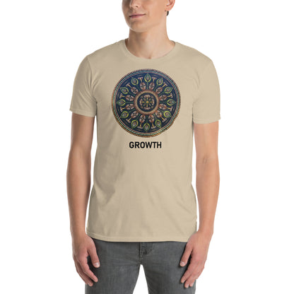 Unisex Softstyle T-Shirt (mandala with cross in the core | on front | GROWTH in black lettering)