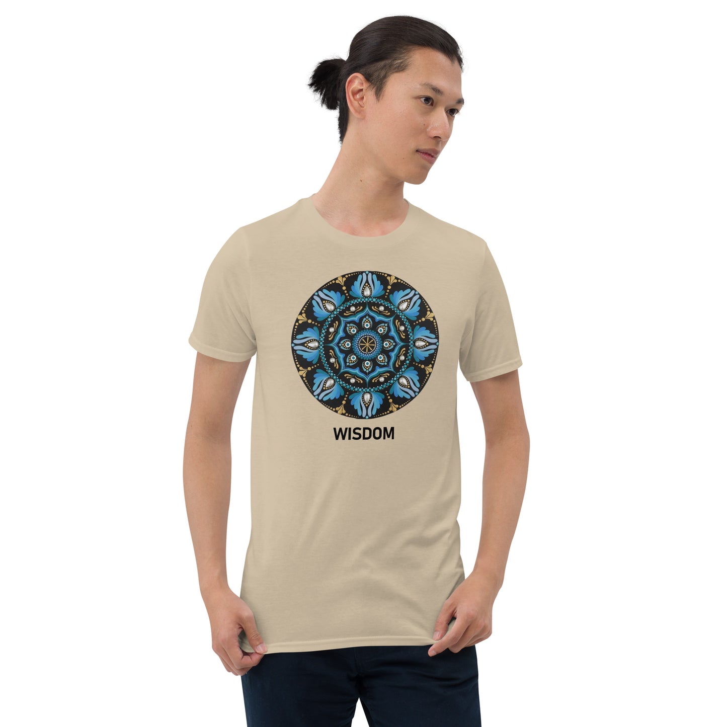 Unisex Softstyle T-Shirt (mandala with spokes in core | on front | WISDOM in black lettering)