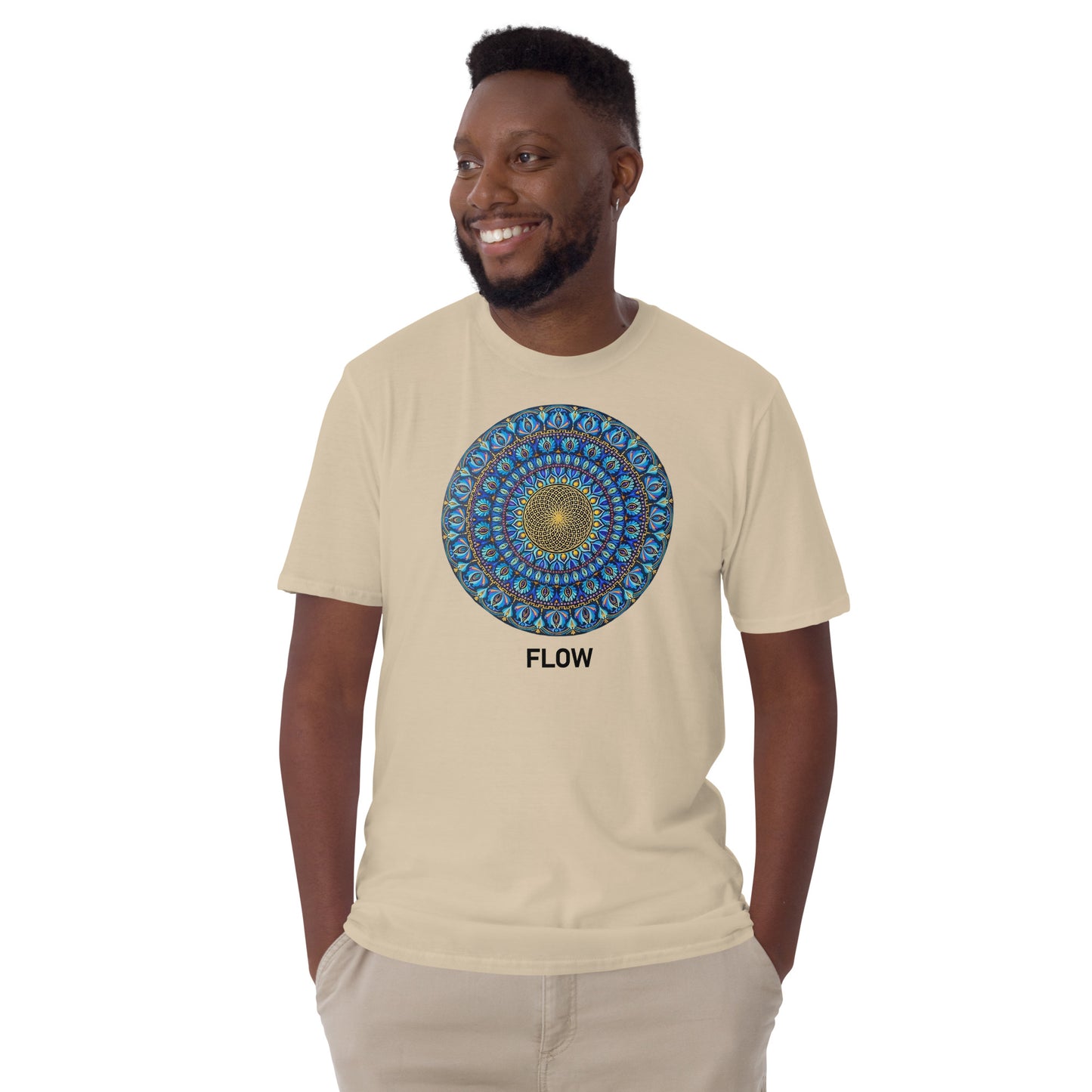 Unisex Softstyle T-Shirt (mandala with golden core | on front | FLOW in black lettering)