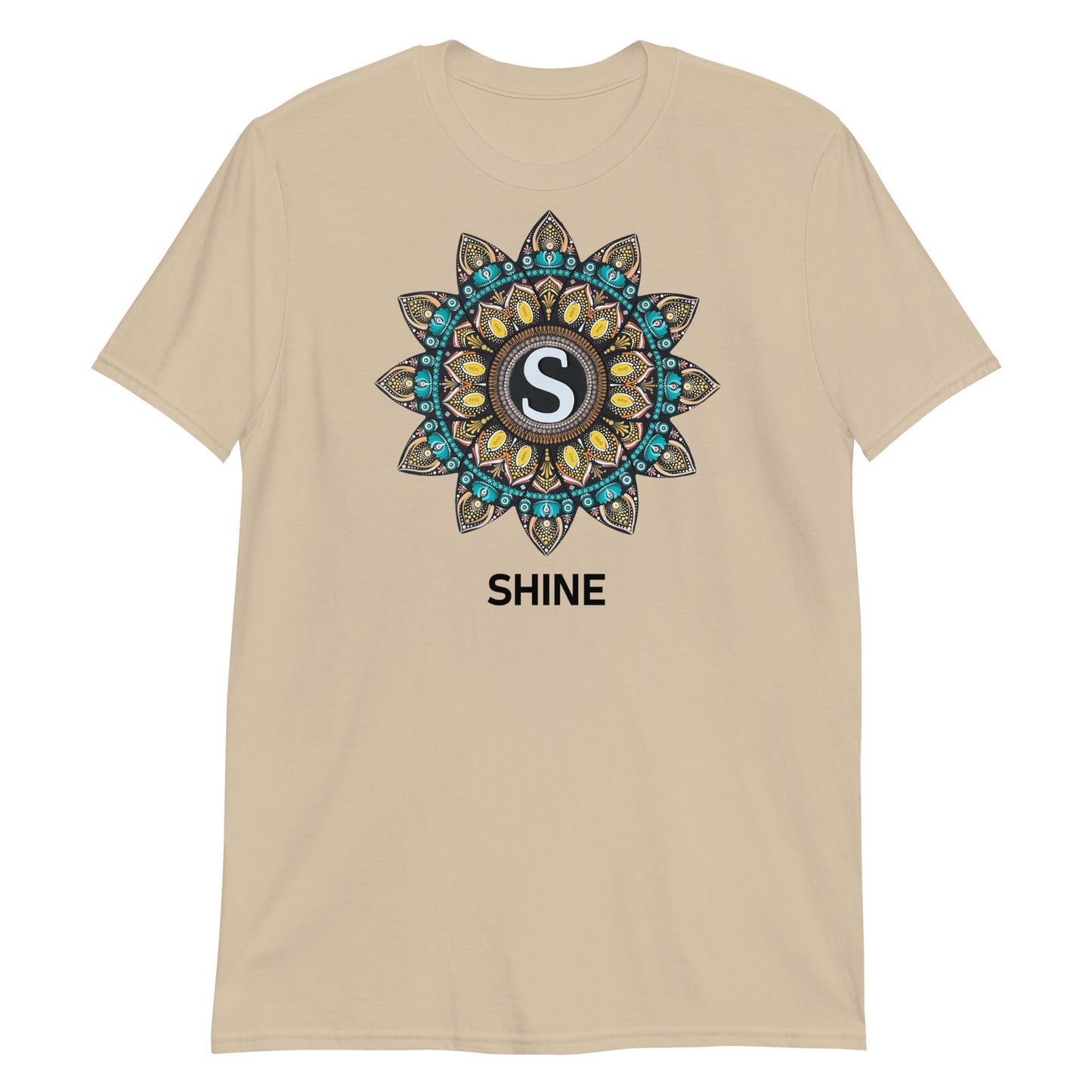 Unisex Softstyle T-Shirt (mandala with "S" in core | on front | SHINE in black lettering)