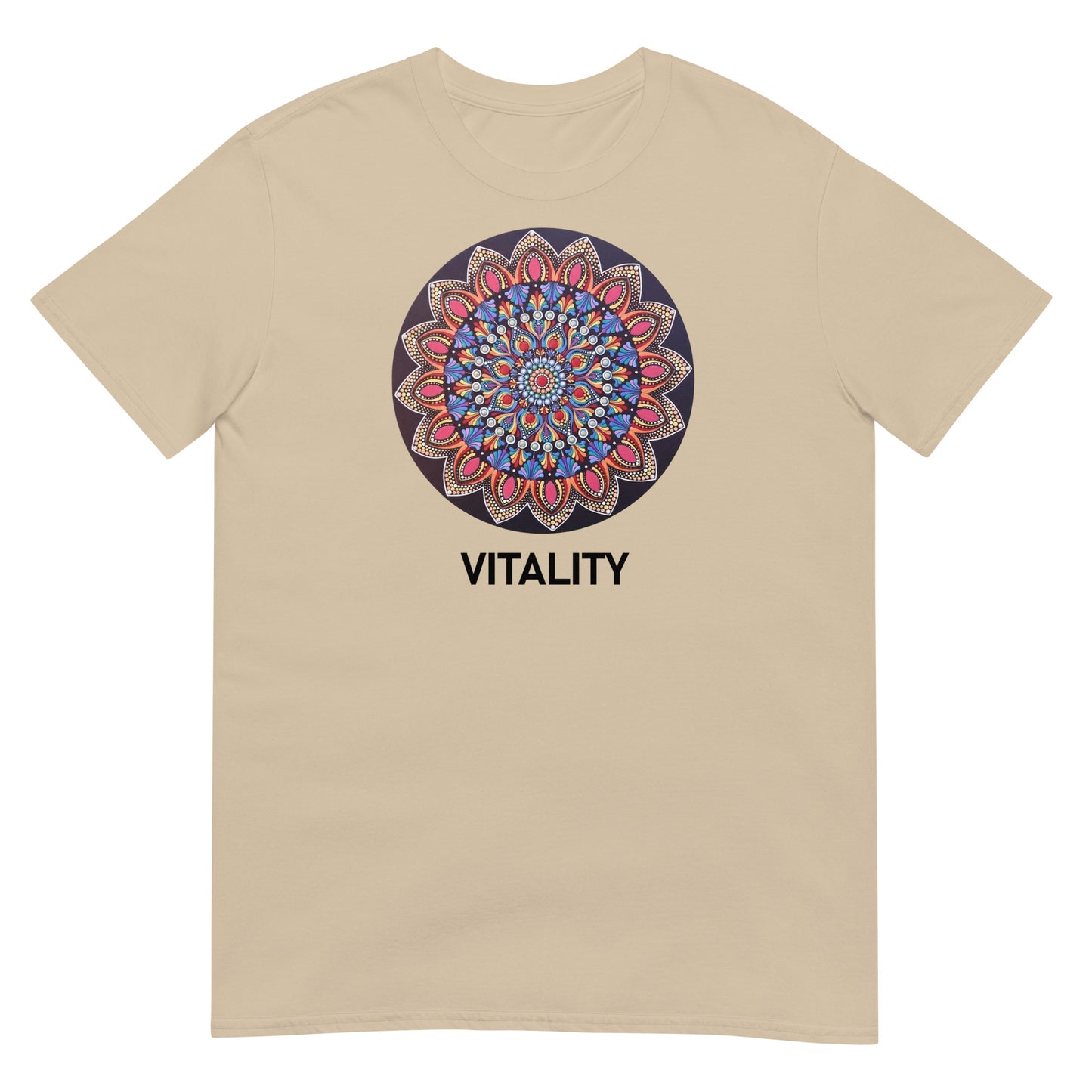 Unisex Softstyle T-Shirt (mandala with pink petals | on front | VITALITY in black lettering)