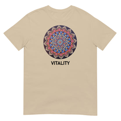 Unisex Softstyle T-Shirt (mandala with pink petals | on front | VITALITY in black lettering)