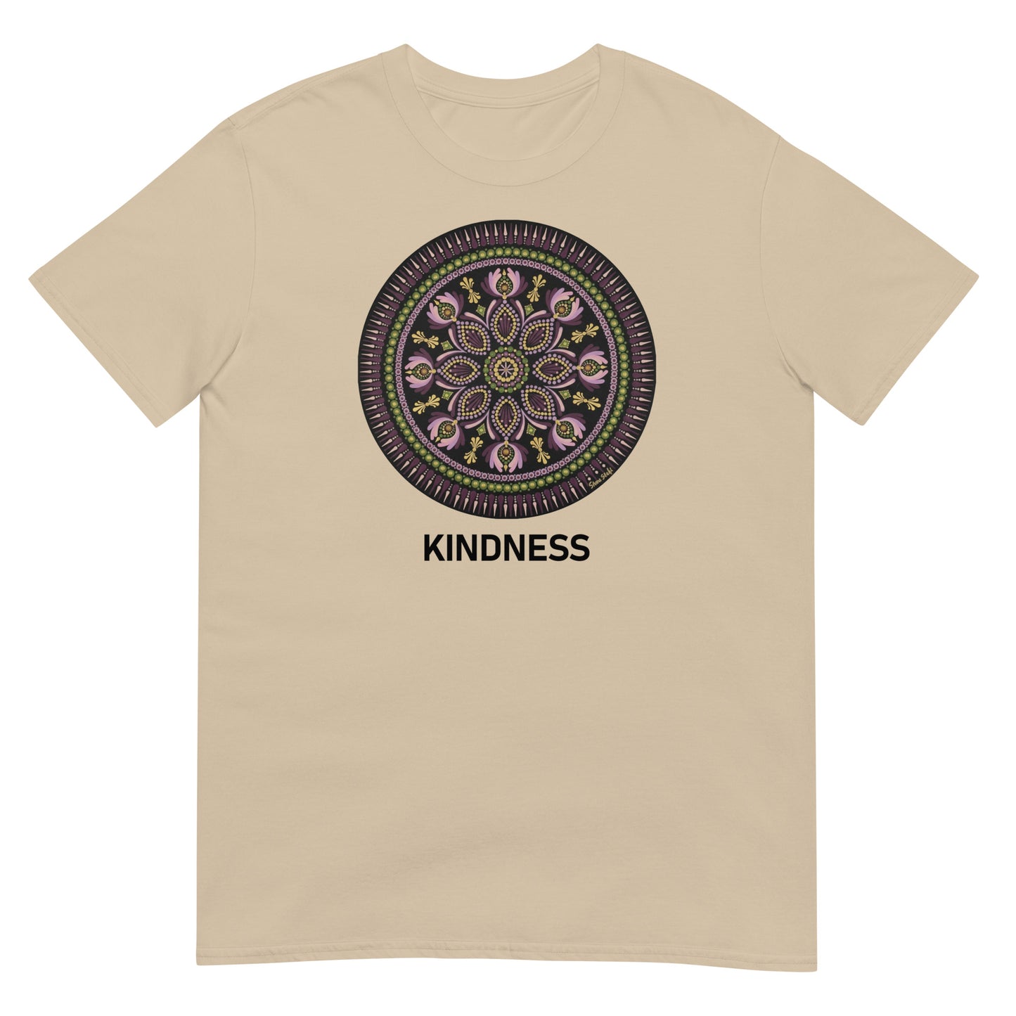 Unisex Softstyle T-Shirt (mandala with magenta rim | on front | KINDNESS in black lettering)