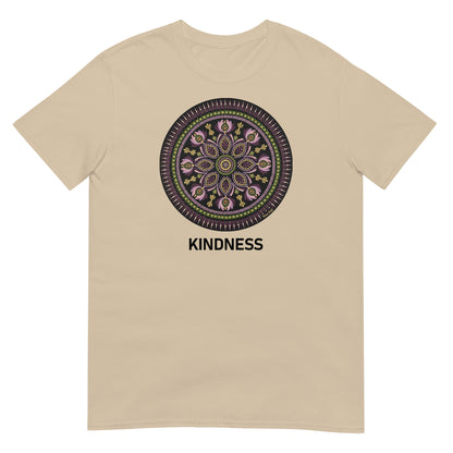 Unisex Softstyle T-Shirt (mandala with magenta rim | on front | KINDNESS in black lettering)