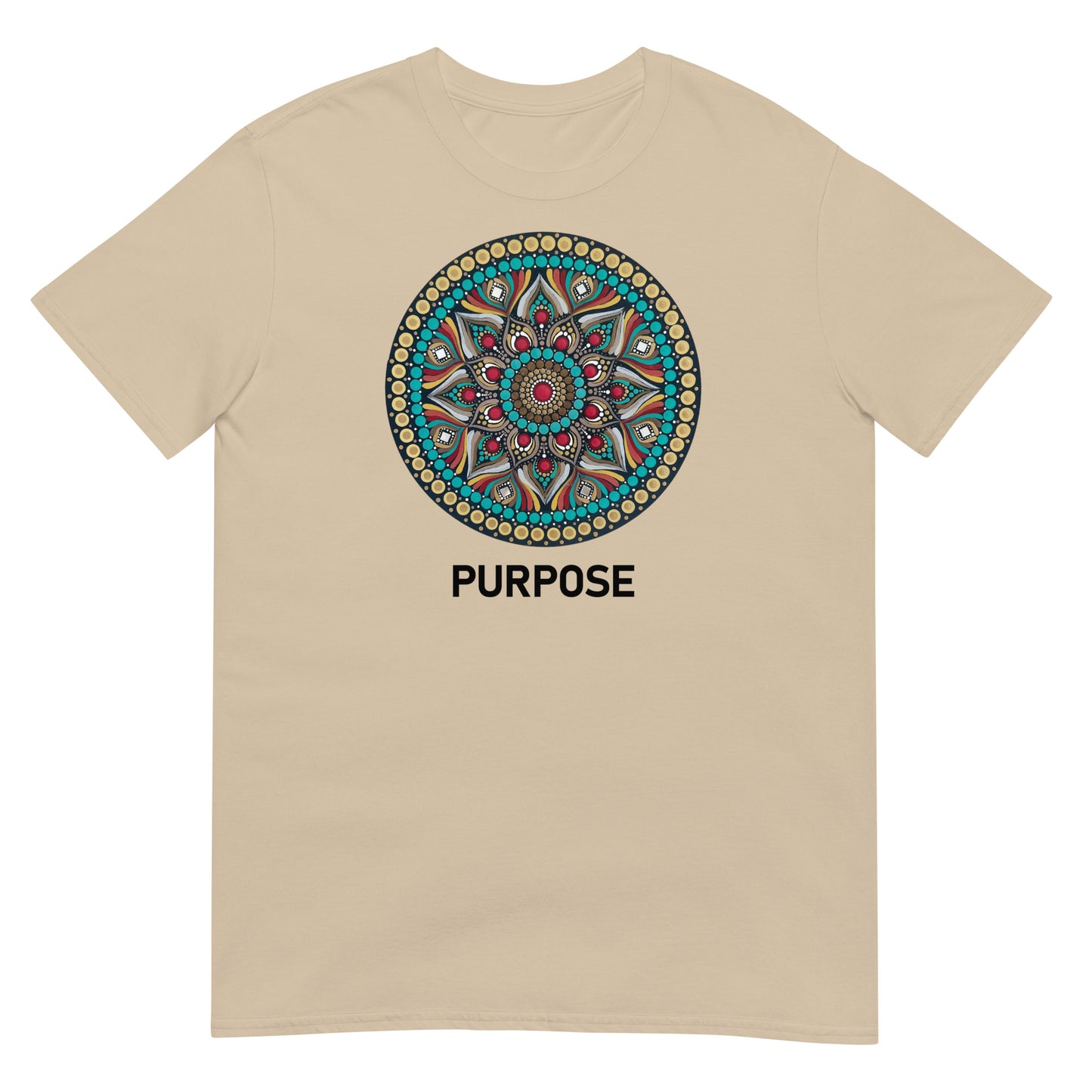Unisex Softstyle T-Shirt (mandala with red core | on front | PURPOSE in black lettering)