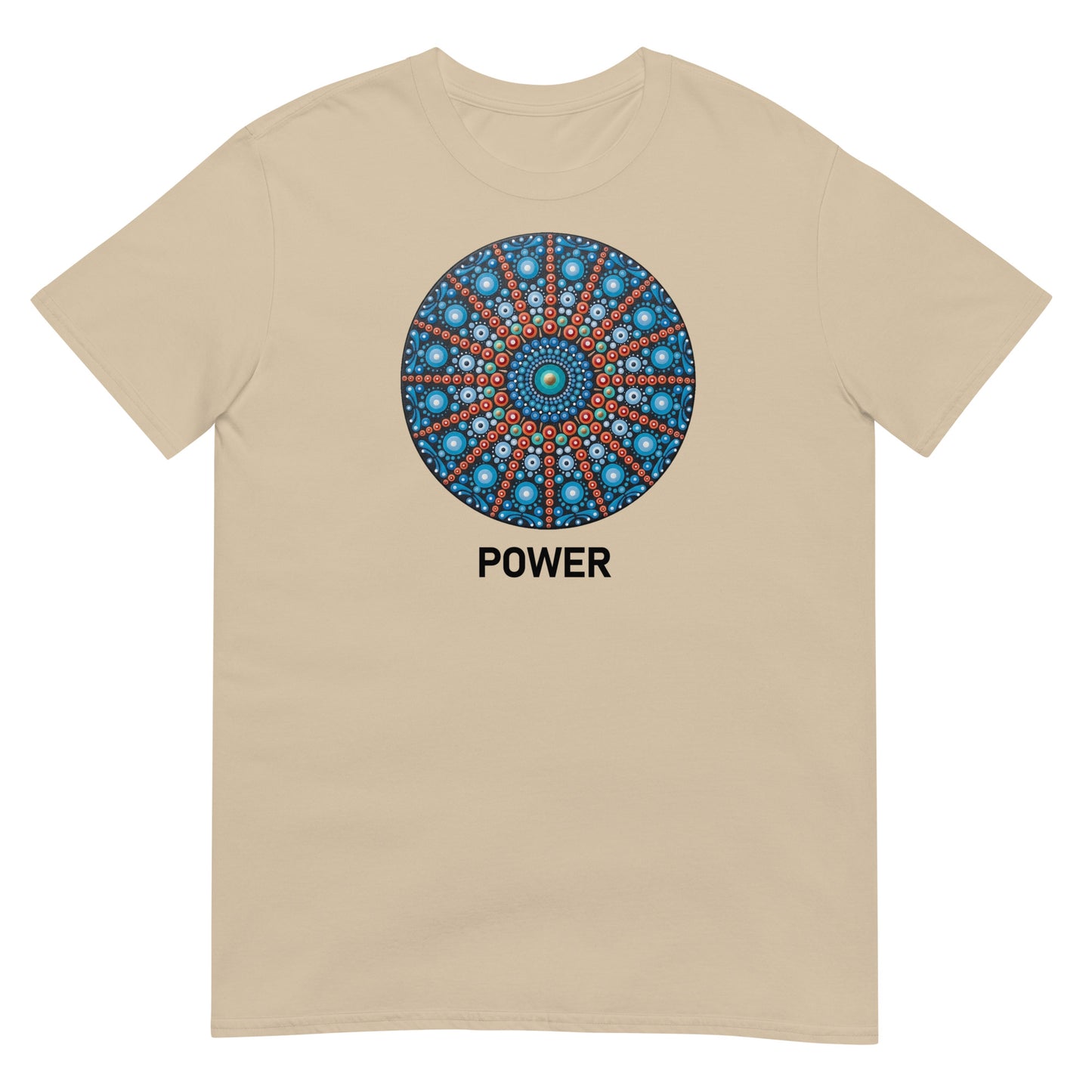 Unisex Softstyle T-Shirt (mandala with red lines | on front | POWER in black lettering)