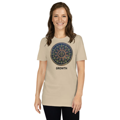 Unisex Softstyle T-Shirt (mandala with cross in the core | on front | GROWTH in black lettering)
