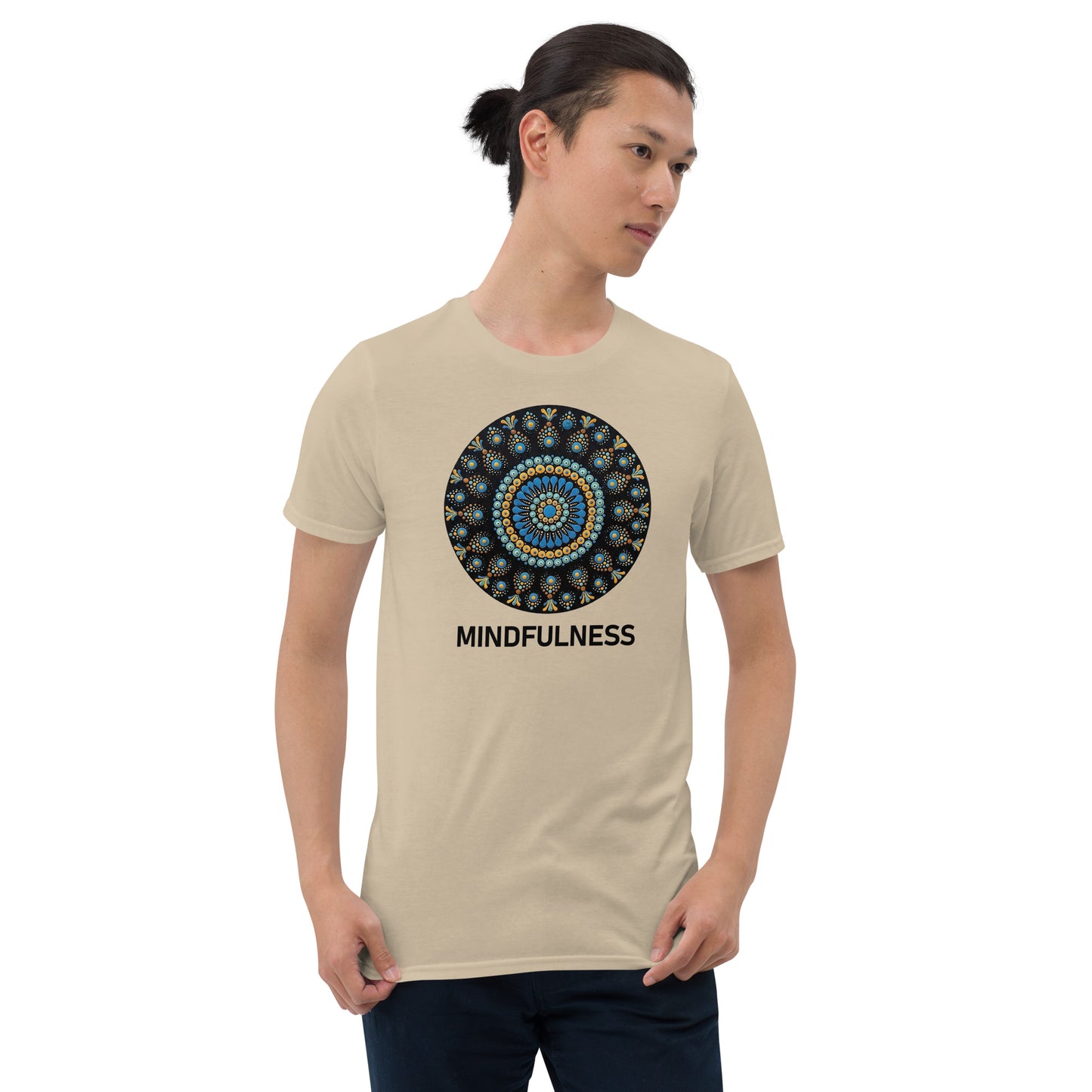 Unisex Softstyle T-Shirt (mandala with blue dots and black back | on front | MINDFULNESS in black lettering)
