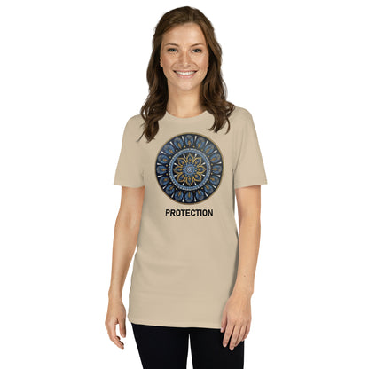 Unisex Softstyle T-Shirt (mandala with gold outer rim | on front | PROTECTION in black lettering)