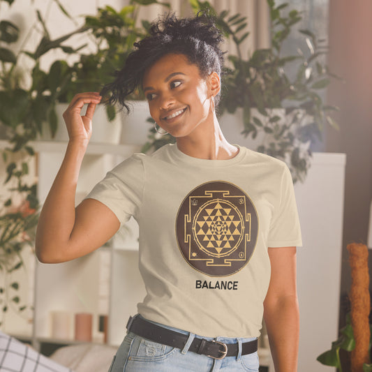 Unisex Softstyle T-Shirt (brown and gold mandala | on front | BALANCE in black lettering)