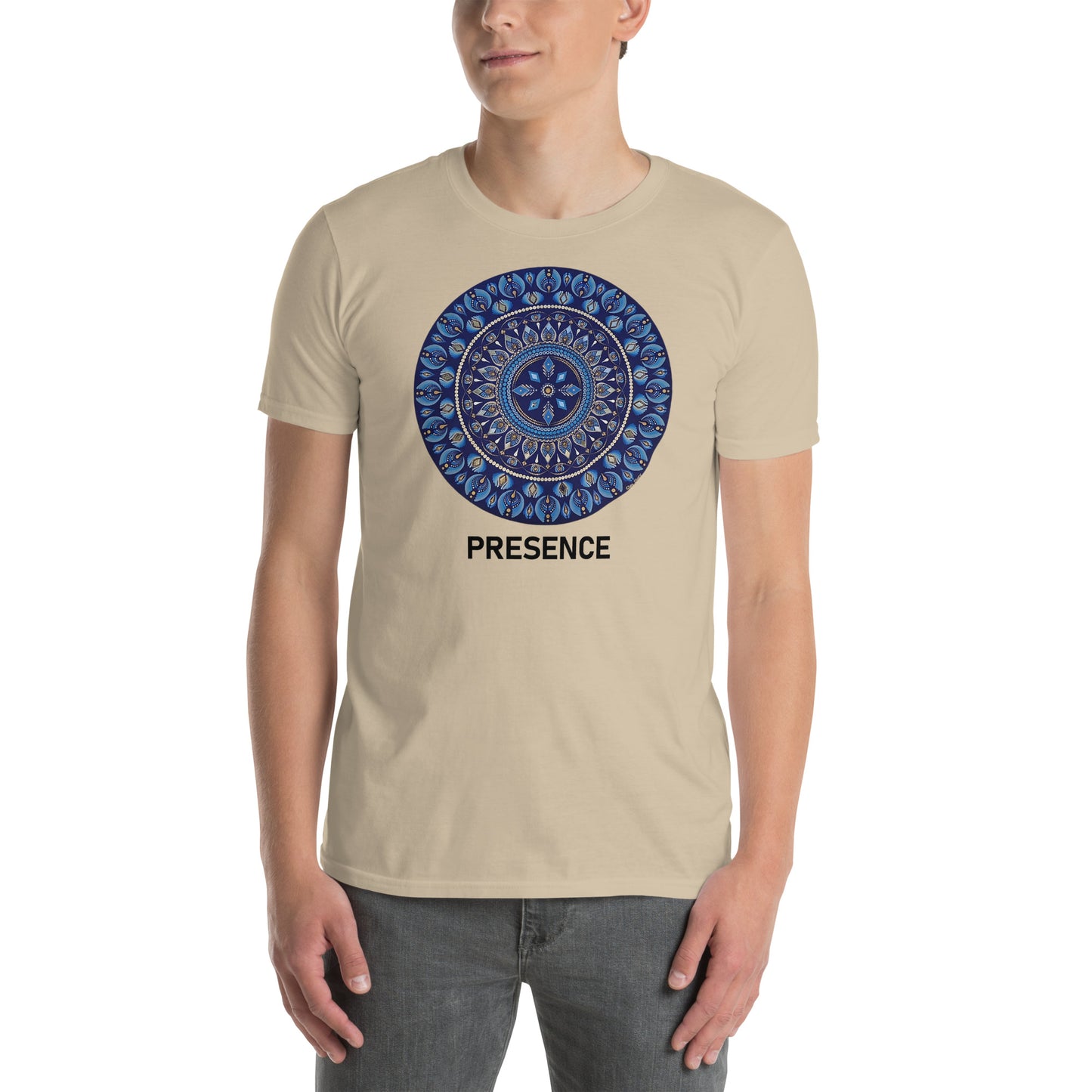 Unisex Softstyle T-Shirt (mandala with 4 diamonds | on front | PRESENCE in black lettering)
