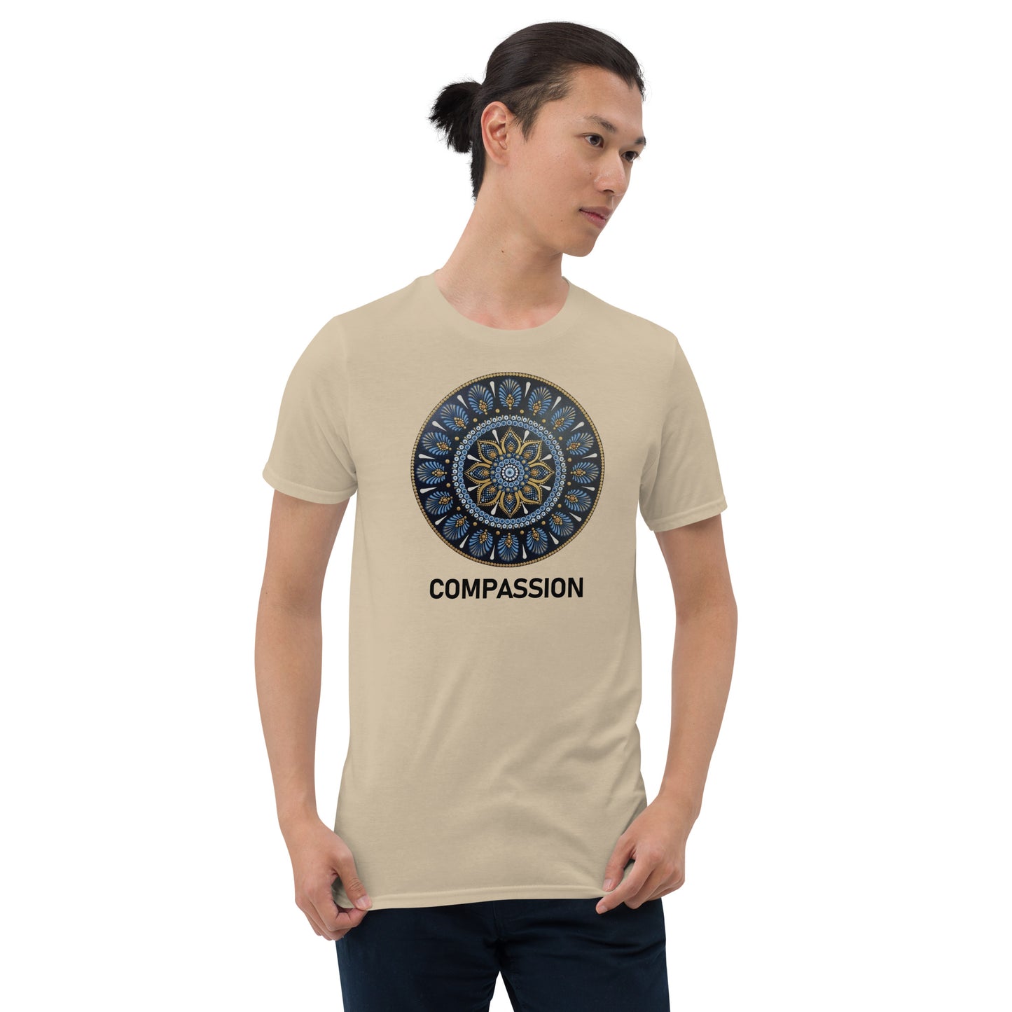 Unisex Softstyle T-Shirt (mandala with gold rim | on front | COMPASSION in black lettering)