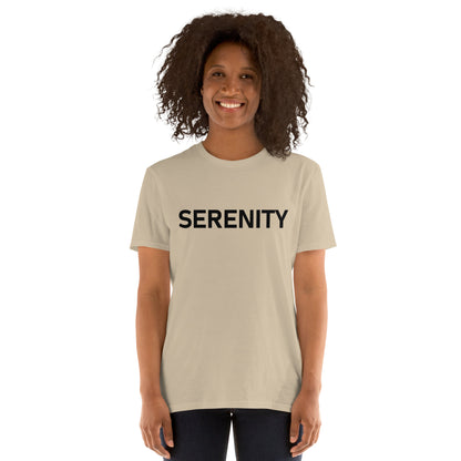 Unisex Softstyle T-Shirt (mandala with blue and white core on back | SERENITY in black lettering on front)
