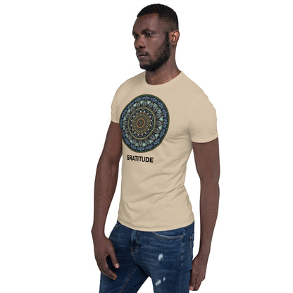 Unisex Softstyle T-Shirt (mandala green and gold rim | on front | GRATITUDE in black lettering)