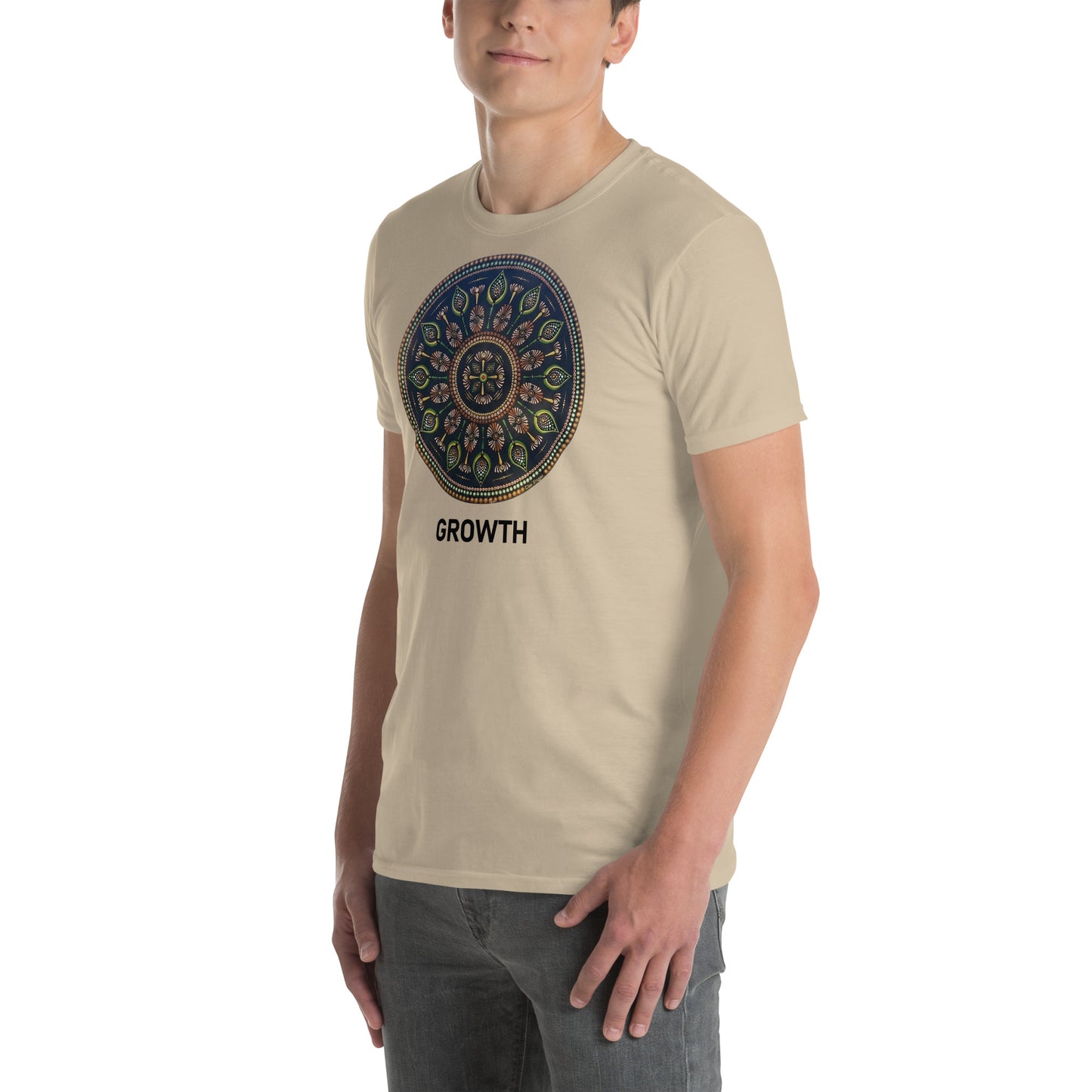 Unisex Softstyle T-Shirt (mandala with cross in the core | on front | GROWTH in black lettering)