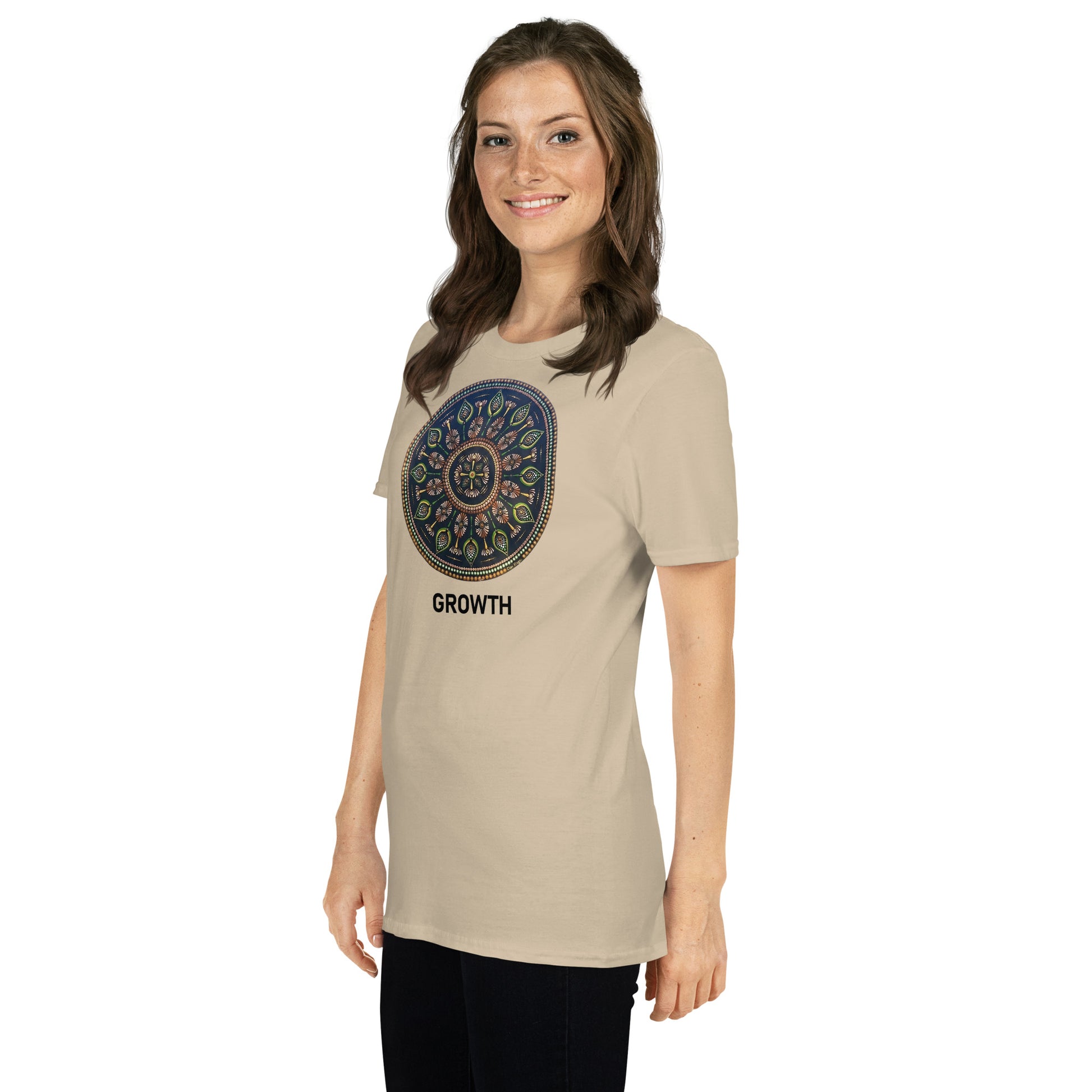 Unisex Softstyle T-Shirt (mandala with cross in the core | on front | GROWTH in black lettering)