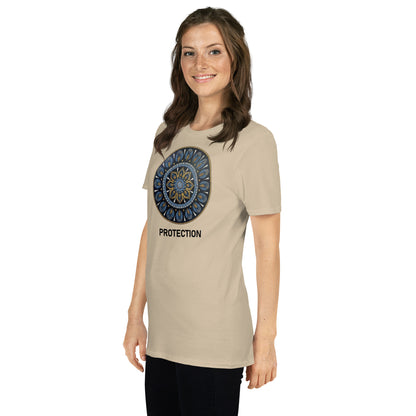 Unisex Softstyle T-Shirt (mandala with gold outer rim | on front | PROTECTION in black lettering)
